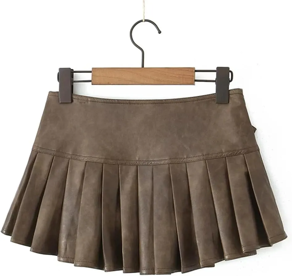 Women Retro with Belt Pleated Mini Skirt Low Waist Faux Leather Skirts