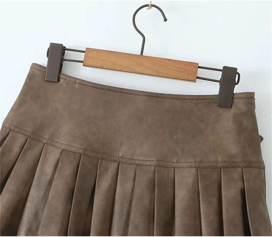 Women Retro with Belt Pleated Mini Skirt Low Waist Faux Leather Skirts