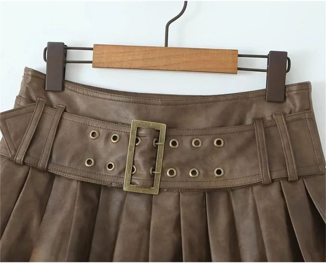 Women Retro with Belt Pleated Mini Skirt Low Waist Faux Leather Skirts