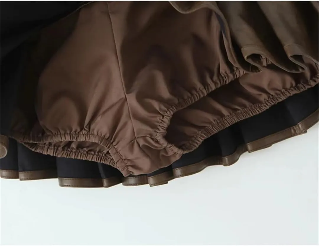 Women Retro with Belt Pleated Mini Skirt Low Waist Faux Leather Skirts