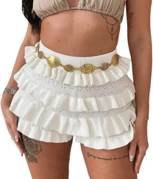 Women Sexy Ruffle Shorts Y2k Cute Tiered Bloomers Micro Frilly Pumpkin Shorts Trendy Hollow Out Crochet Knit Shorts