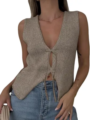 Women Sleeveless Knit Vest Top V Neck Open Front Tie Up Crochet Crop Top Casual Vintage Y2k Sweater