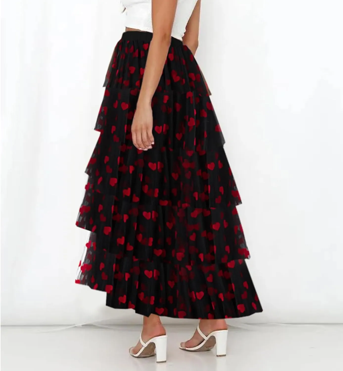 Women Solid Color Cake Skirt Heart Print Long Skirt Layered Ruffles Mesh Tiered Skirt Party A Line Long Skirt