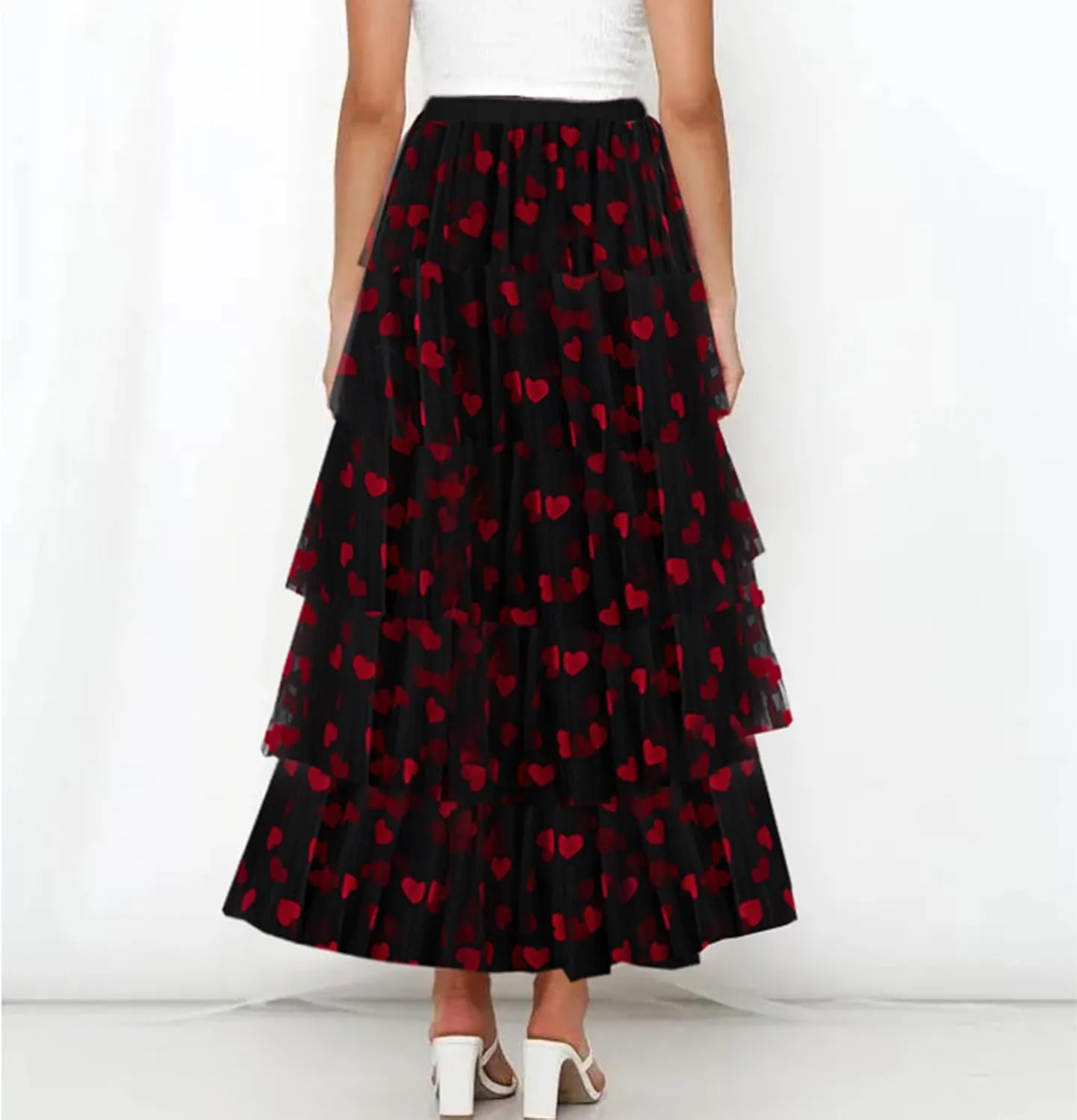 Women Solid Color Cake Skirt Heart Print Long Skirt Layered Ruffles Mesh Tiered Skirt Party A Line Long Skirt