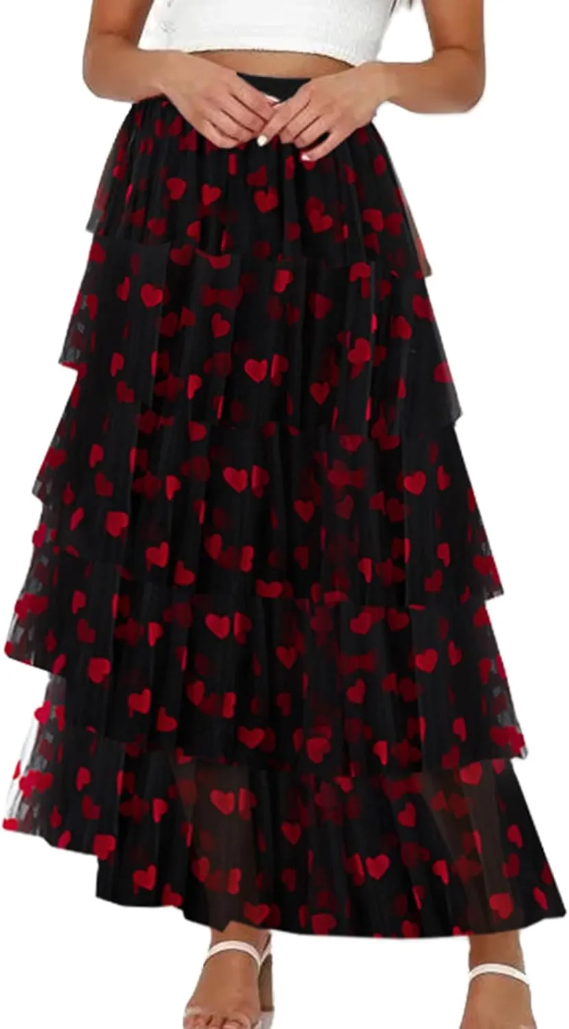 Women Solid Color Cake Skirt Heart Print Long Skirt Layered Ruffles Mesh Tiered Skirt Party A Line Long Skirt