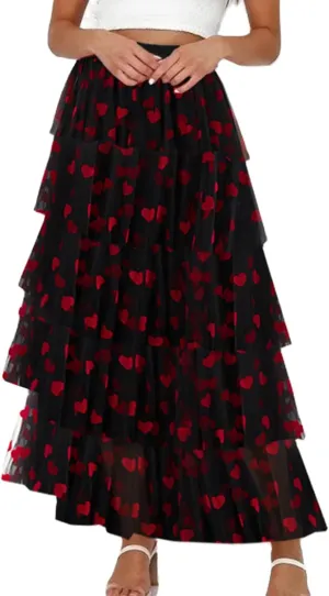 Women Solid Color Cake Skirt Heart Print Long Skirt Layered Ruffles Mesh Tiered Skirt Party A Line Long Skirt