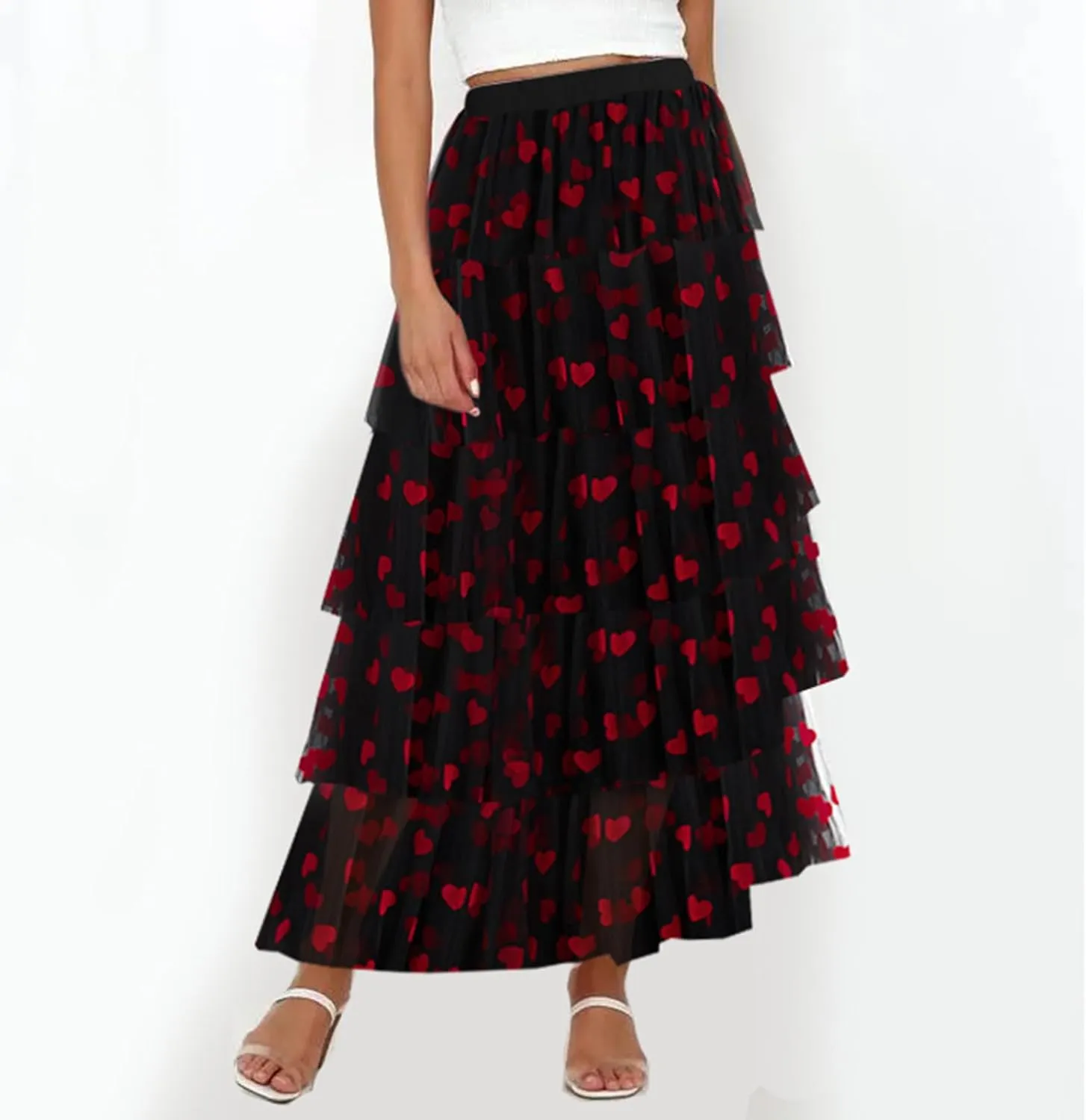 Women Solid Color Cake Skirt Heart Print Long Skirt Layered Ruffles Mesh Tiered Skirt Party A Line Long Skirt