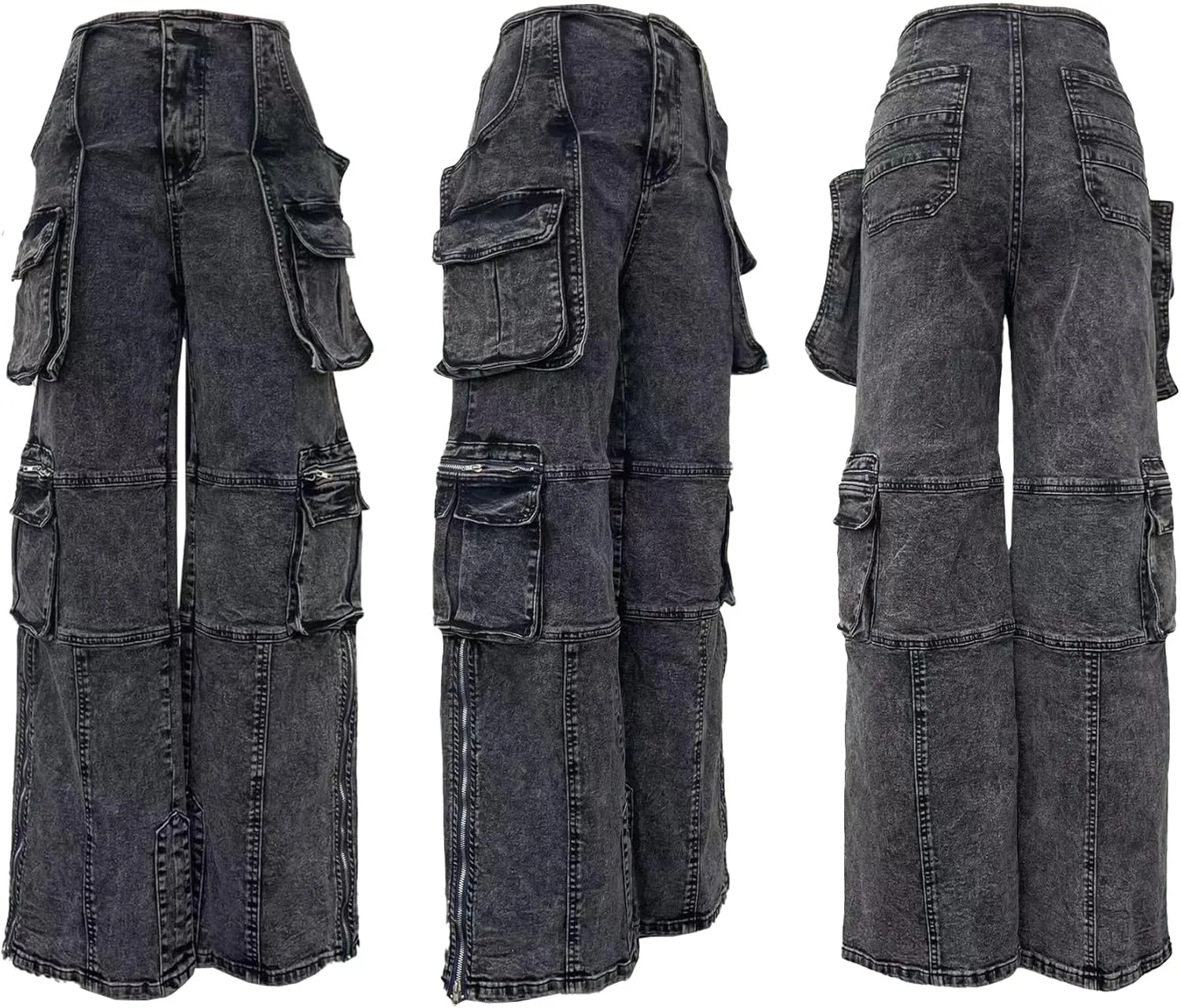 Women Stretch Cargo Jeans Y2k Boyfriend High Waisted Straight Leg Pockets Street Denim Pants