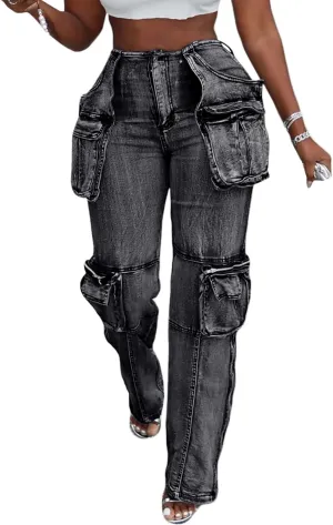 Women Stretch Cargo Jeans Y2k Boyfriend High Waisted Straight Leg Pockets Street Denim Pants