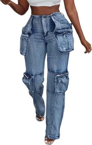 Women Stretch Cargo Jeans Y2k Boyfriend High Waisted Straight Leg Pockets Street Denim Pants