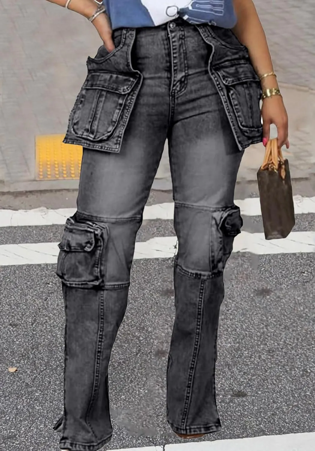 Women Stretch Cargo Jeans Y2k Boyfriend High Waisted Straight Leg Pockets Street Denim Pants