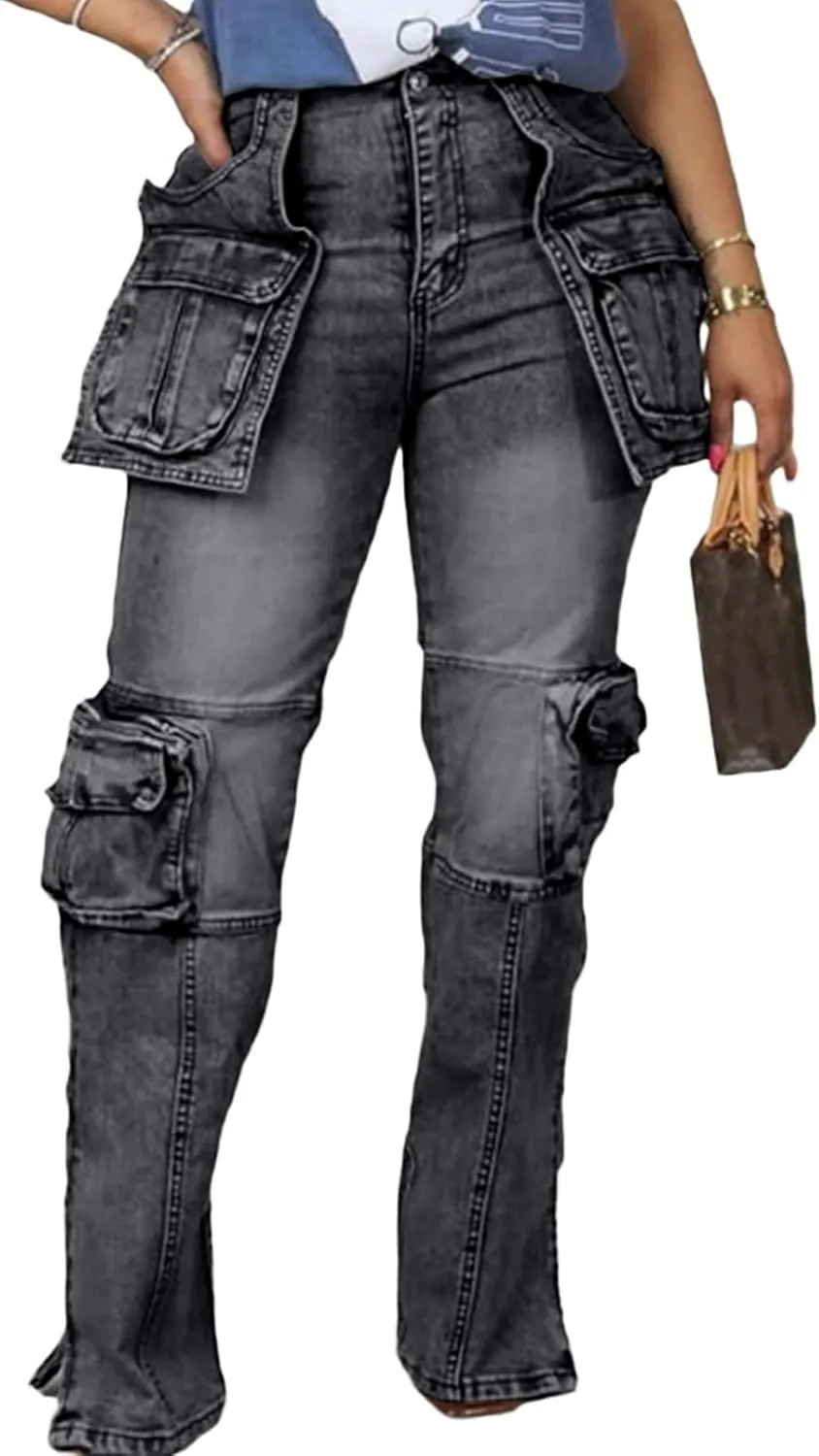 Women Stretch Cargo Jeans Y2k Boyfriend High Waisted Straight Leg Pockets Street Denim Pants