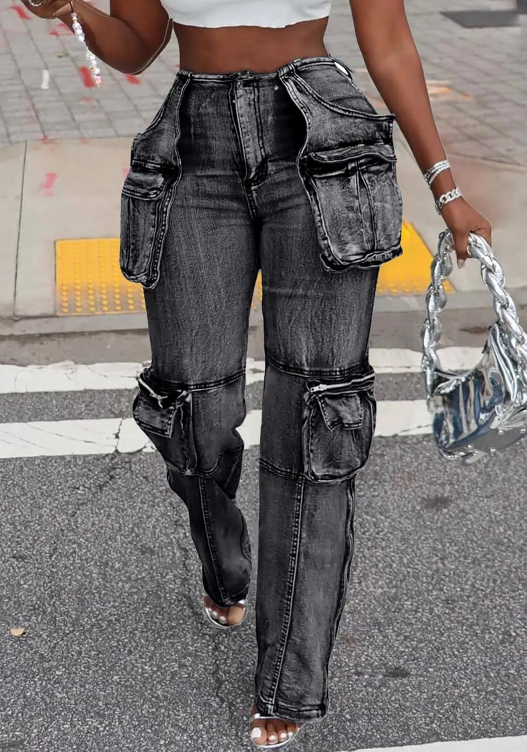 Women Stretch Cargo Jeans Y2k Boyfriend High Waisted Straight Leg Pockets Street Denim Pants