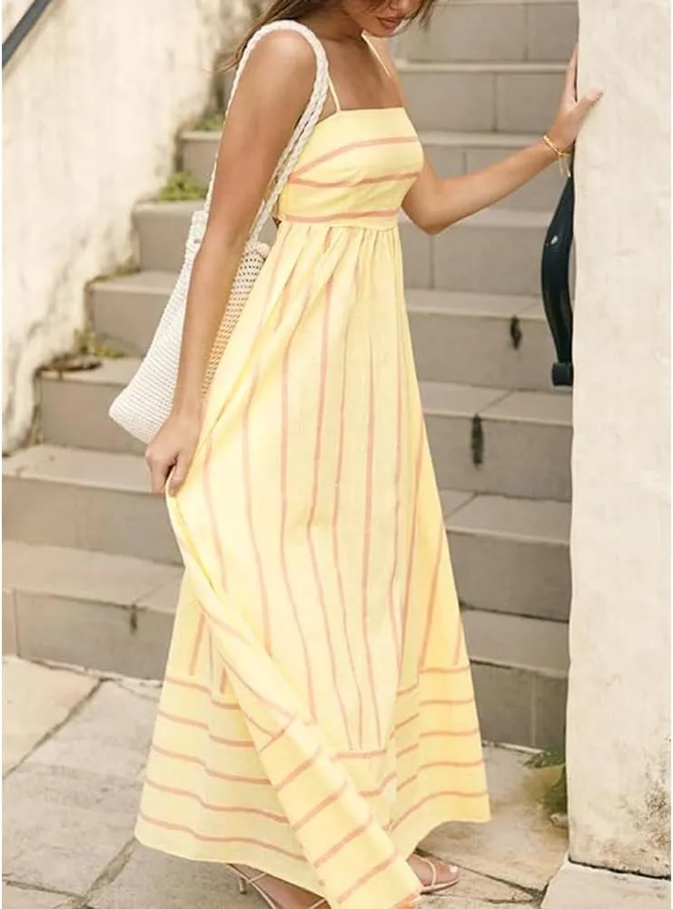Women Striped Maxi Dress Sleeveless Backless Cutout Smocked Sundress Spaghetti Straps Boho Flowy Dresses