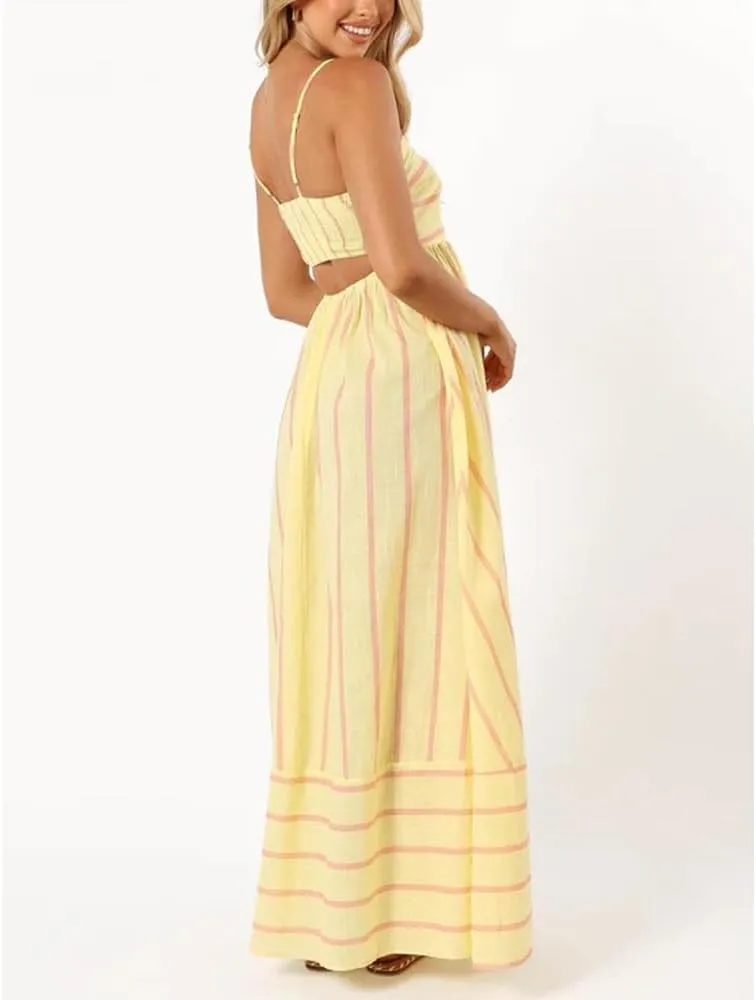 Women Striped Maxi Dress Sleeveless Backless Cutout Smocked Sundress Spaghetti Straps Boho Flowy Dresses