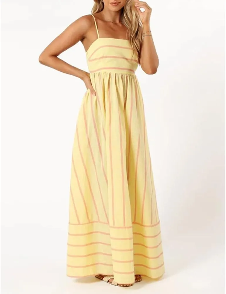 Women Striped Maxi Dress Sleeveless Backless Cutout Smocked Sundress Spaghetti Straps Boho Flowy Dresses