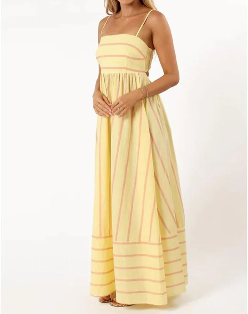 Women Striped Maxi Dress Sleeveless Backless Cutout Smocked Sundress Spaghetti Straps Boho Flowy Dresses