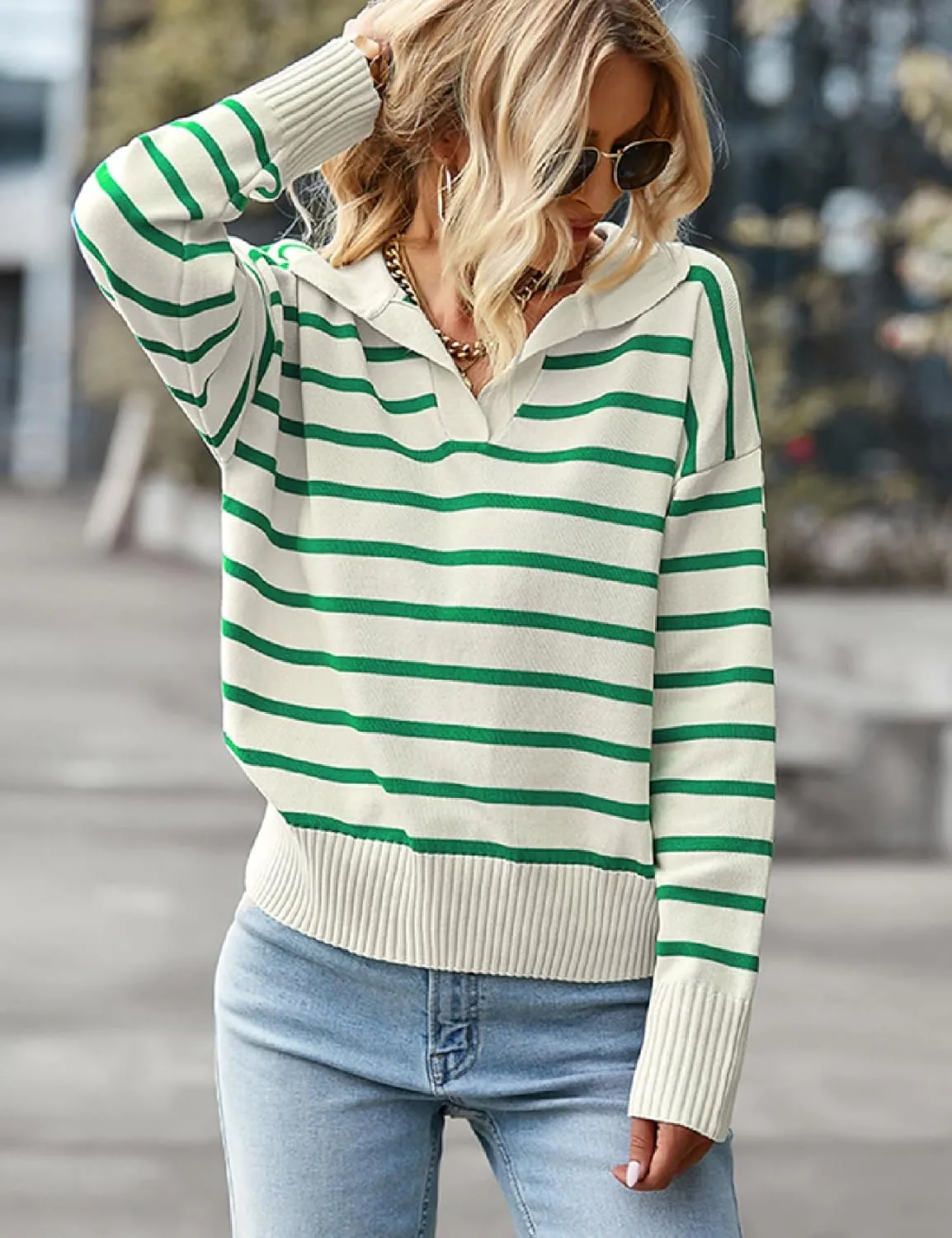 Women Striped Sweater Polo V Neck Long Sleeve Loose Sweater Knit Pullover Jumper Tops