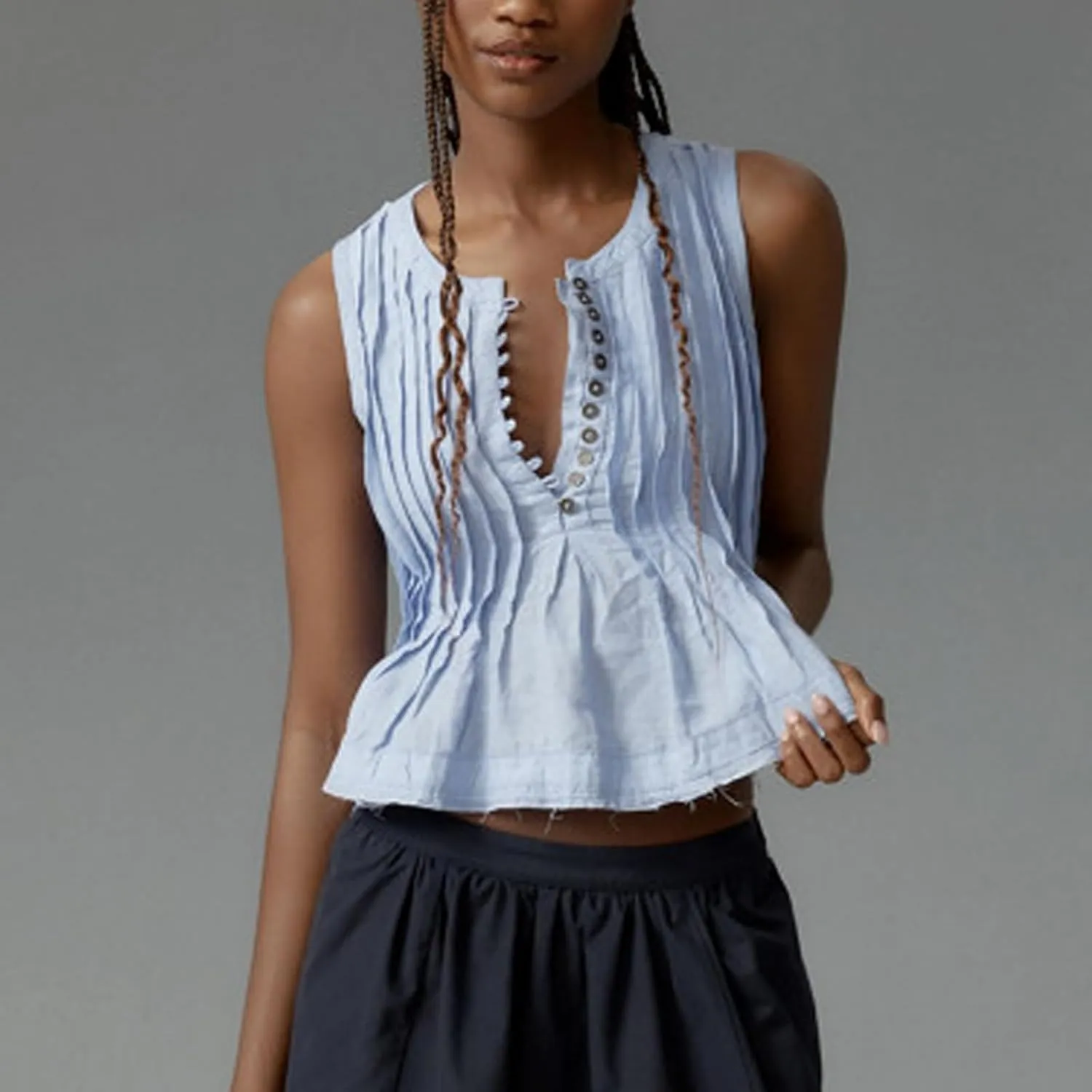 Women Y2K Babydoll Ruffle Tank Top Linen Front Button Pleated Peplum Vest Flowy Coquette Cropped Shirt Cute Blouse Summer