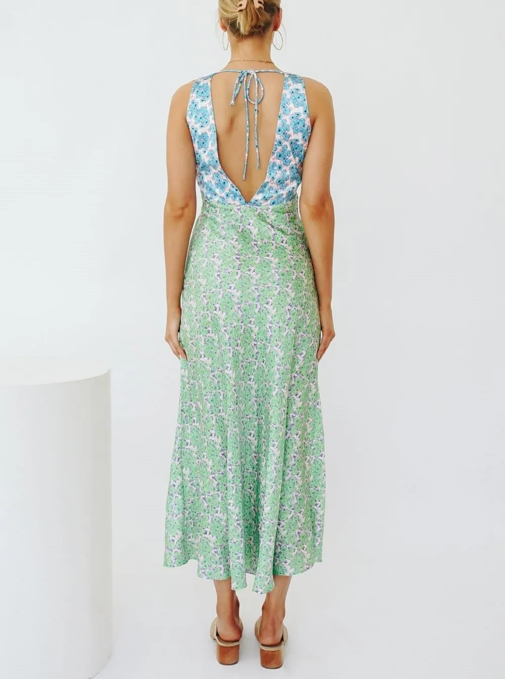 Women Y2k Bodycon Maxi Dress Vintage Floral Print Long Dress Sleeveless Open Back Deep V Neck Tank Sundress