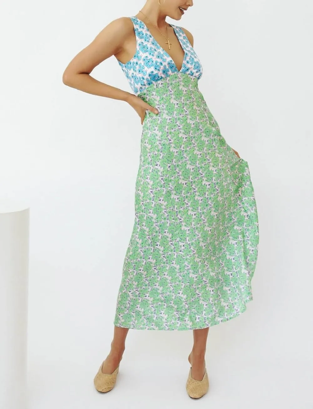 Women Y2k Bodycon Maxi Dress Vintage Floral Print Long Dress Sleeveless Open Back Deep V Neck Tank Sundress