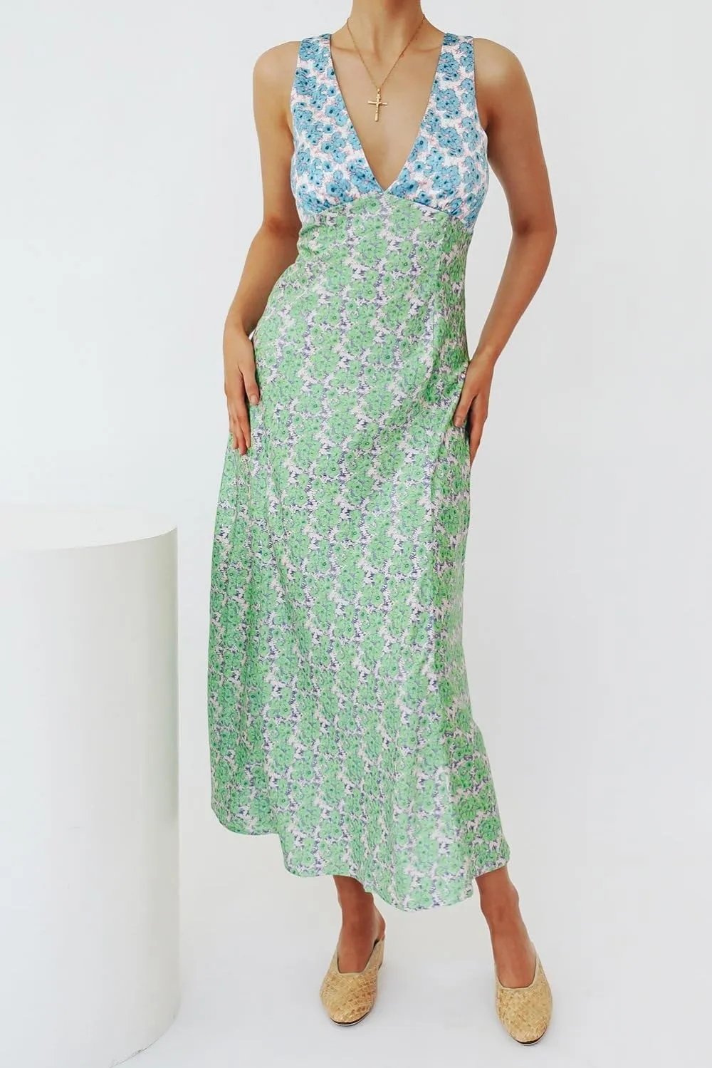 Women Y2k Bodycon Maxi Dress Vintage Floral Print Long Dress Sleeveless Open Back Deep V Neck Tank Sundress