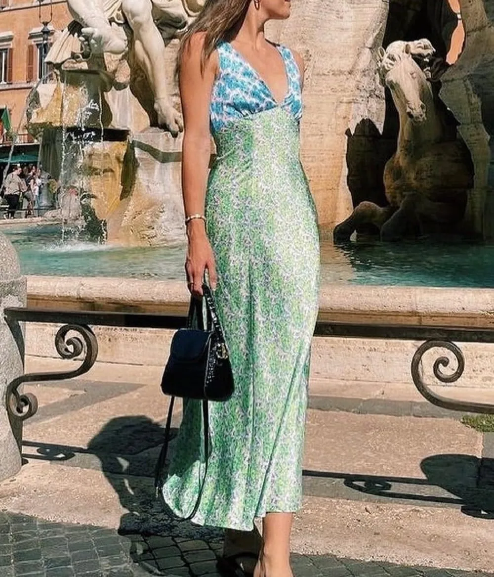 Women Y2k Bodycon Maxi Dress Vintage Floral Print Long Dress Sleeveless Open Back Deep V Neck Tank Sundress