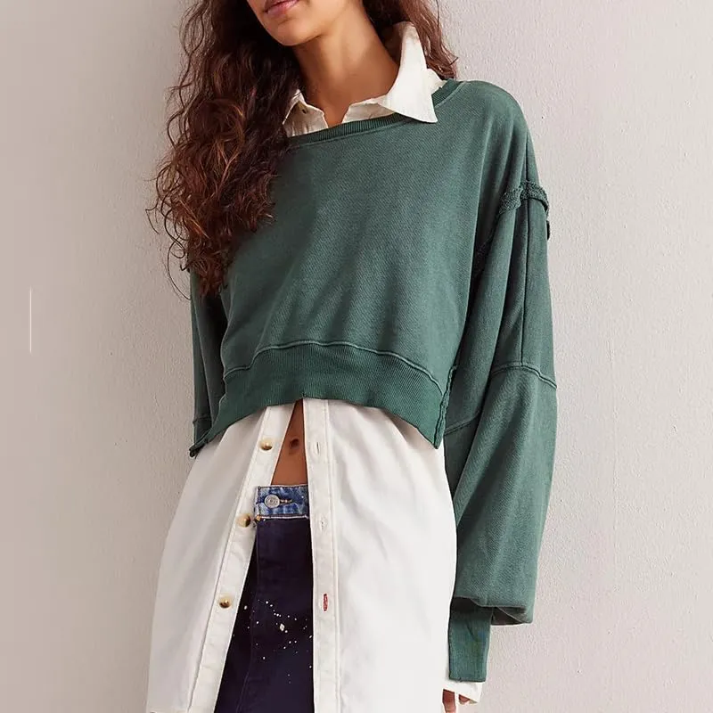 Women Y2K Cropped Sweatshirt Long Sleeve Scoop Neck Preppy Sweatshirts Going Out Oversized Pullover Top