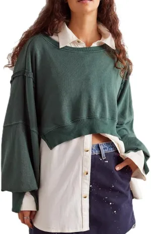 Women Y2K Cropped Sweatshirt Long Sleeve Scoop Neck Preppy Sweatshirts Going Out Oversized Pullover Top