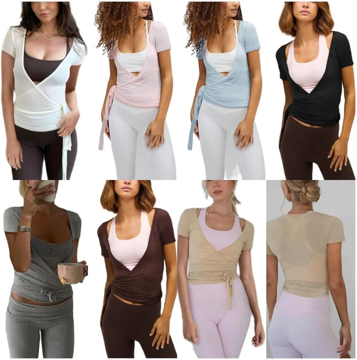 Women Y2k Cross Wrap Shirt Deep V Neck Tie Front Short Sleeve Tops Solid Slim Fit Yoga Shirts Active Blouse
