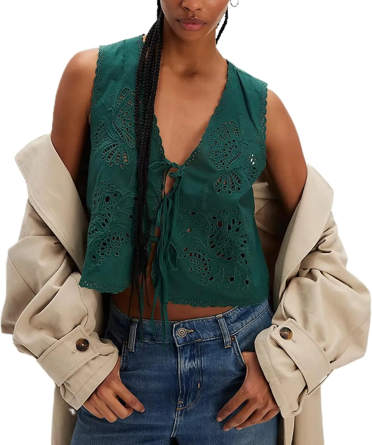 Women Y2k Embroidered Floral Front Tie Up Tank Vest Summer V Neck Cute Eyelet Going Out Crop Tops Blouse Shirts