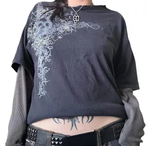 Women Y2K Grunge T Shirt Emo Aesthetics Graphic Tops Teen Girl Vintage Baggy Goth Tops Harajuku Punk Grunge Clothes