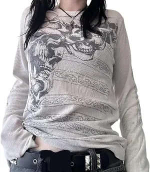 Women Y2k Long Sleeve Grunge Shirts Vintage Gothic Graphic Tees Top Teen Girls Aesthetic T Shirt Emo Clothes