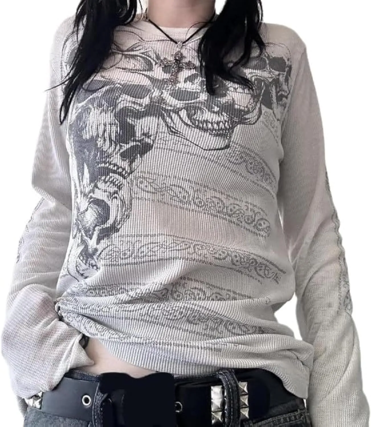 Women Y2k Long Sleeve Grunge Shirts Vintage Gothic Graphic Tees Top Teen Girls Aesthetic T Shirt Emo Clothes