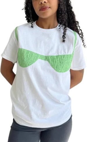 Women Y2k Smocked Shirt Bikini Bra Graphic Print Crewneck Short Sleeve Casual Shirts Summer Aesthetic White Tee Top