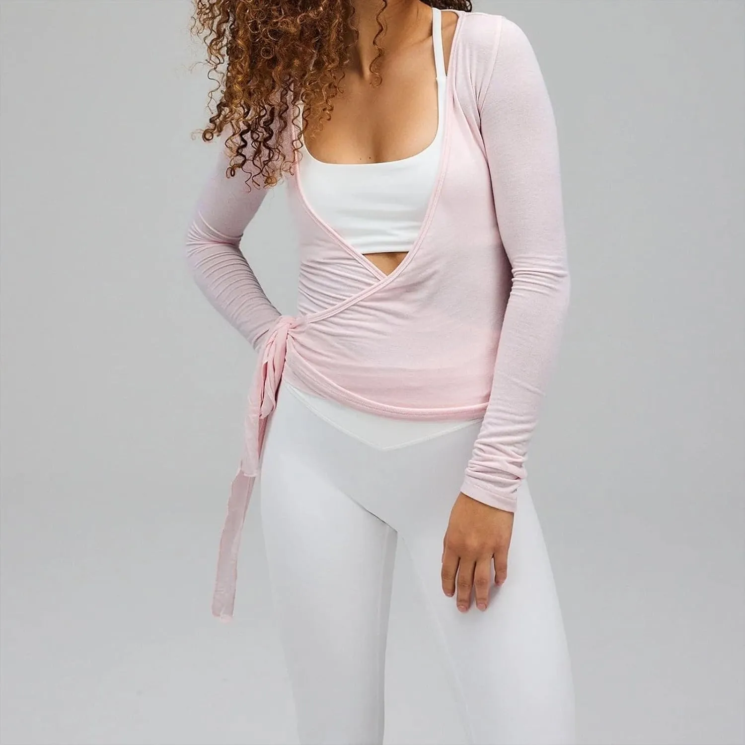 Women Yoga Y2k Cross Wrap Tie Crop Top Long Sleeve Deep V Neck Olid Slim Fit T Shirt Ballet Wrap Blouse Workout Top