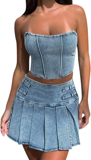 Womens 2 Piece Outfits Sexy Bandeau Tube Tops Jeans Denim Sets Y2k A Line Pleated Mini Skirt Set