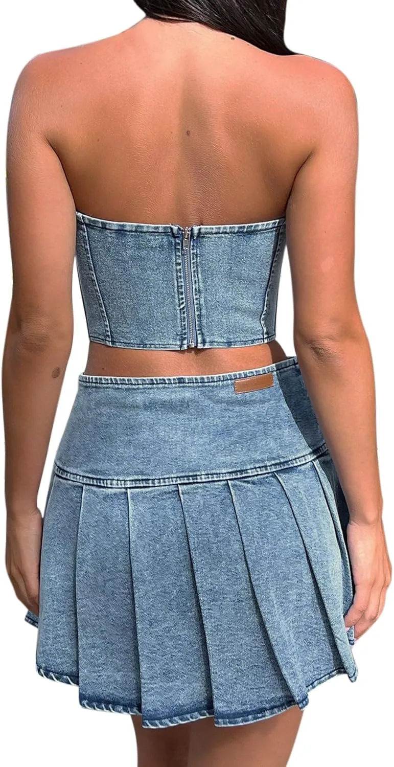 Womens 2 Piece Outfits Sexy Bandeau Tube Tops Jeans Denim Sets Y2k A Line Pleated Mini Skirt Set