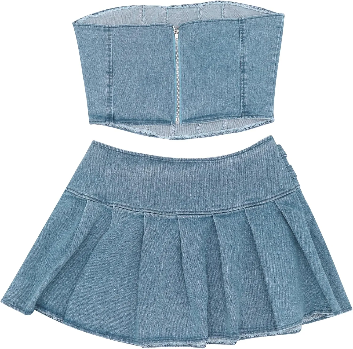 Womens 2 Piece Outfits Sexy Bandeau Tube Tops Jeans Denim Sets Y2k A Line Pleated Mini Skirt Set