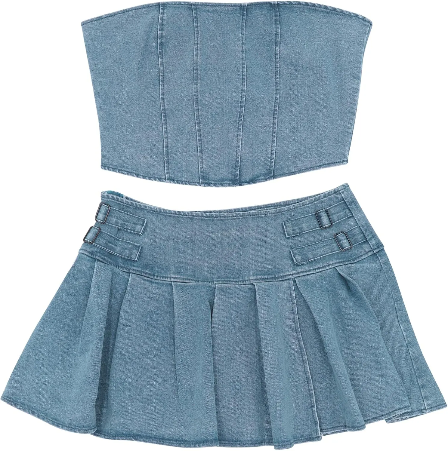 Womens 2 Piece Outfits Sexy Bandeau Tube Tops Jeans Denim Sets Y2k A Line Pleated Mini Skirt Set