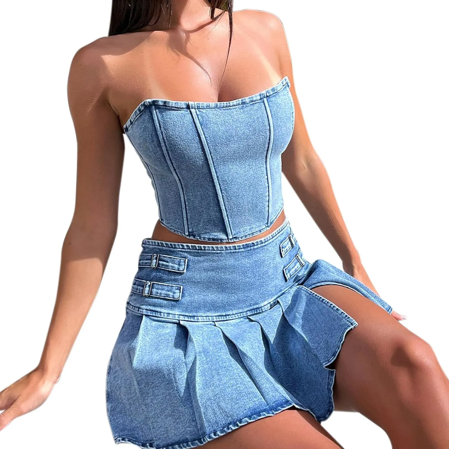 Womens 2 Piece Outfits Sexy Bandeau Tube Tops Jeans Denim Sets Y2k A Line Pleated Mini Skirt Set