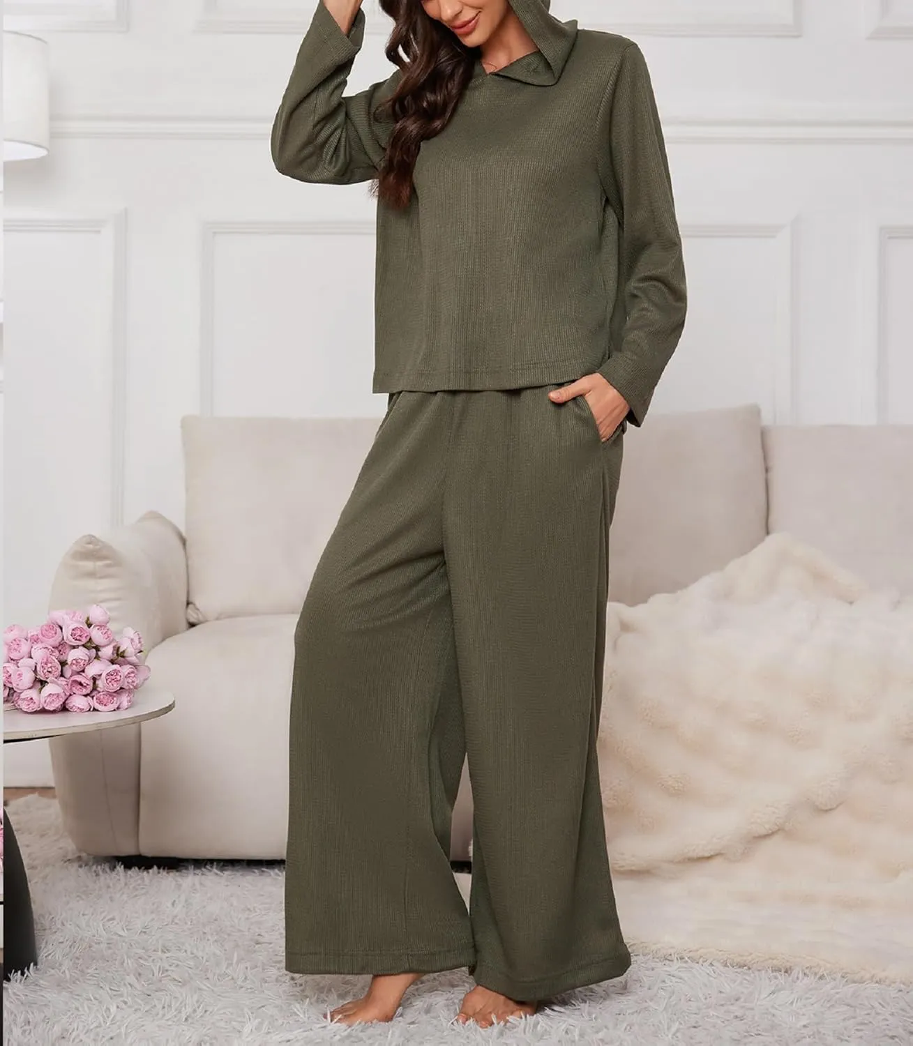 Women's 2 Piece Sets Sweatsuits Spring Long Sleeve Hoodie Wide Leg Casual Lounge Set with Pockets