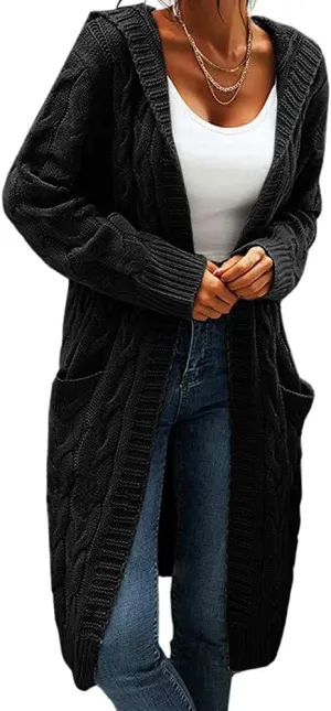 Women's Cable Knit Long Sleeve Sweater Cardigan Open Front Long Cardigans Pocket Hooded Casual Outwear