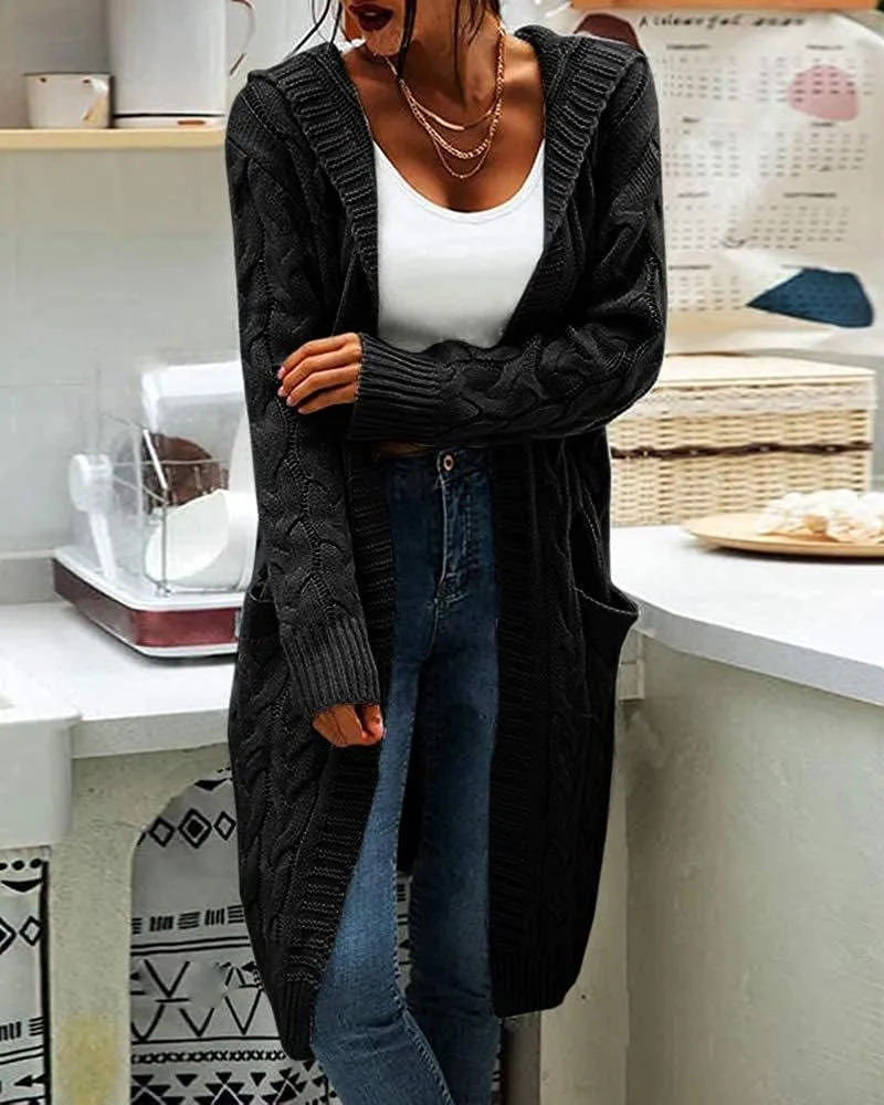 Women's Cable Knit Long Sleeve Sweater Cardigan Open Front Long Cardigans Pocket Hooded Casual Outwear