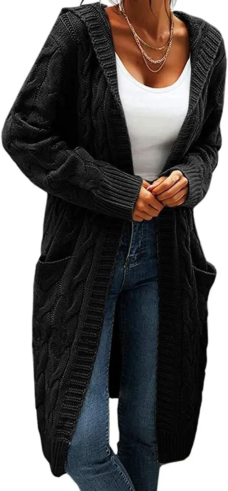 Women's Cable Knit Long Sleeve Sweater Cardigan Open Front Long Cardigans Pocket Hooded Casual Outwear