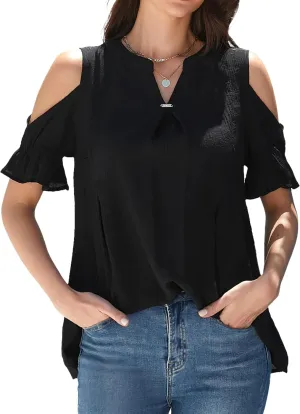 Womens Casual 2025 Tops Cold Shoulder Short Sleeve Blouses V Neck T Shirts