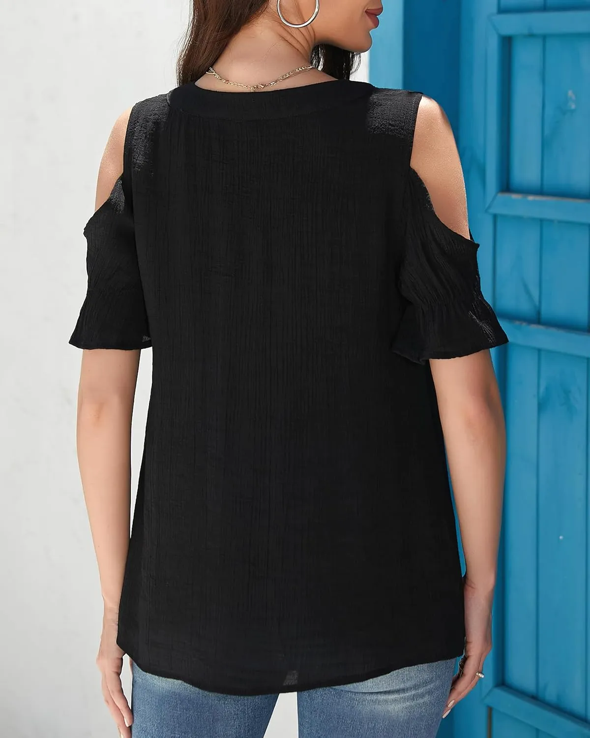 Womens Casual 2025 Tops Cold Shoulder Short Sleeve Blouses V Neck T Shirts