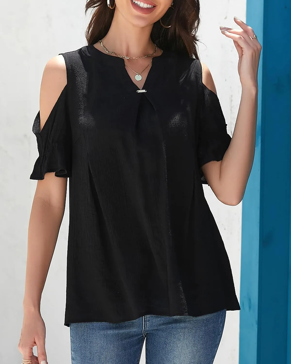 Womens Casual 2025 Tops Cold Shoulder Short Sleeve Blouses V Neck T Shirts