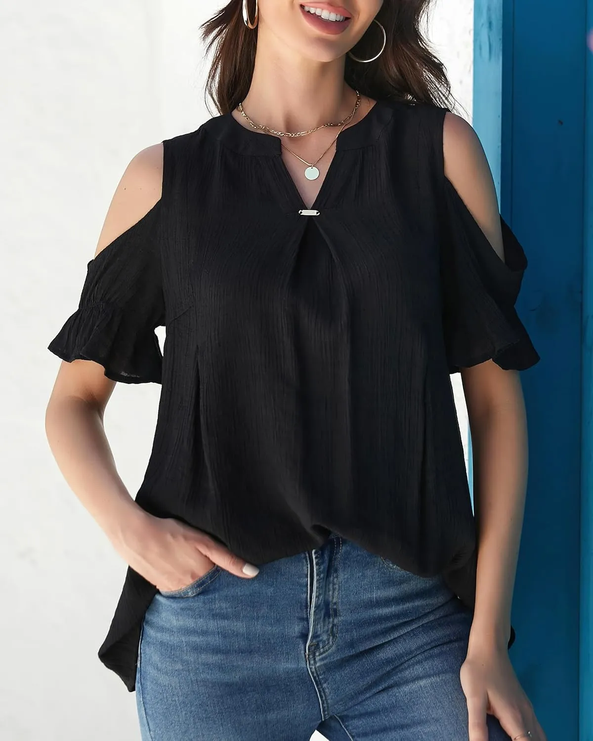 Womens Casual 2025 Tops Cold Shoulder Short Sleeve Blouses V Neck T Shirts