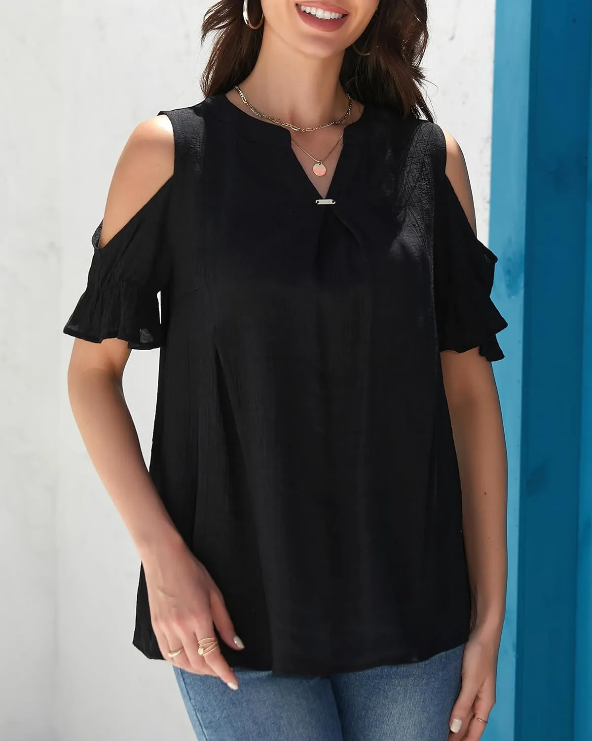 Womens Casual 2025 Tops Cold Shoulder Short Sleeve Blouses V Neck T Shirts